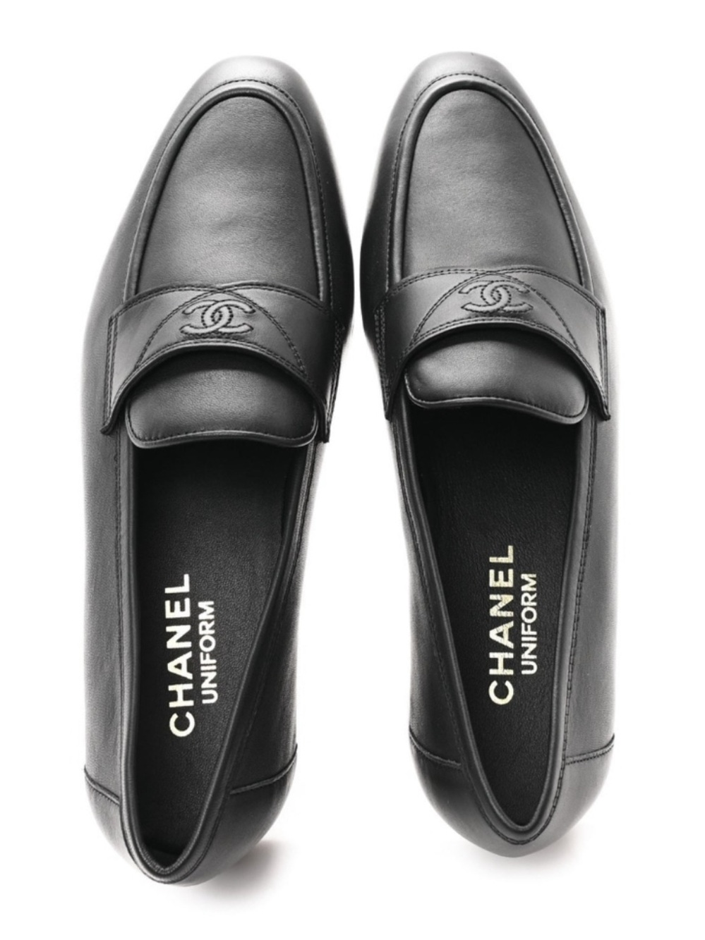 CHANEL Black Leather Slip-On Loafers with CC Logo
